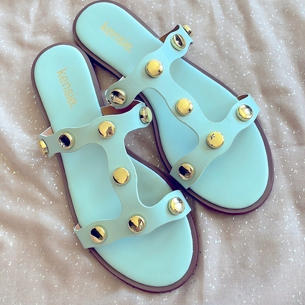 Brand New Kensie Seafoam Mint Green Gold Tone Studded Slides Sandals - Picture 14 of 15